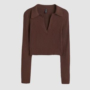 Brown H&M Ribbed V-Neck Top with Collar